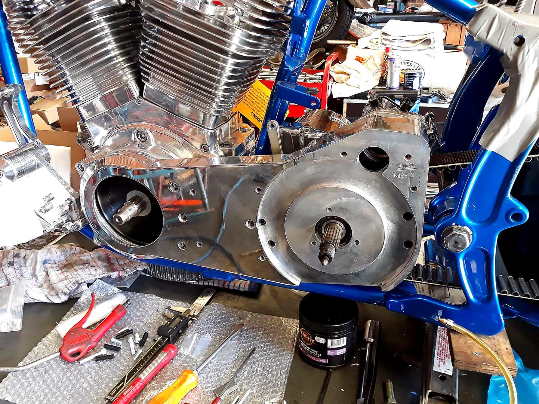 Harley primary work on the bench